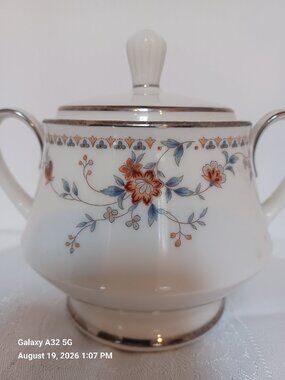 Noritake China Covered Sugar Bowl Adagio White, Rust, Blue, Silver Trim